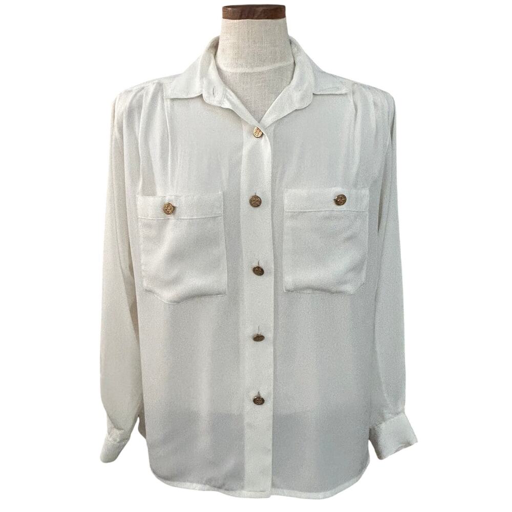 La Chine Classic Galinda Wang White Satin Blouse 8 80s Gold Buttons Vintage